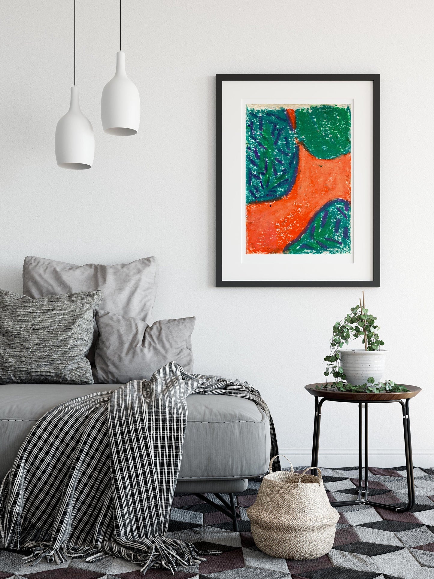 Geometric Contemporary Orange and Green Abstract Art Print